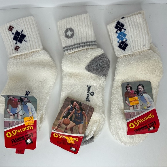 3 Pairs NOS Vintage 70's SPALDING Cuffed Anklet Socks Sz. 9 - 11 In Box - Picture 3 of 11